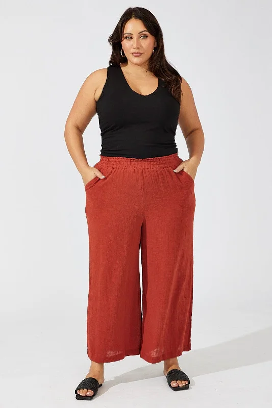 Brown Wideleg Pants Cotton Elastic Waist Textured